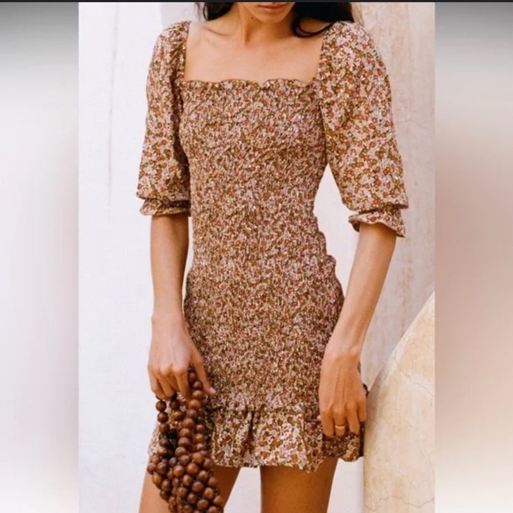 Faithfull The Brand Brown Floral Ruffle Print Mini Shift Dress
